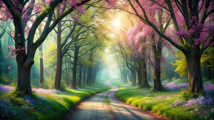 Enchanted road winding through a magical spring forest, forest, road, spring, magic, enchanted, path, trees, nature