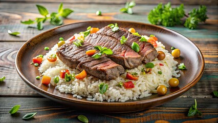 Plate of rice topped with juicy beef steak, food, cuisine, dinner, cooked, delicious, gourmet, meal, protein, nutrition, restaurant