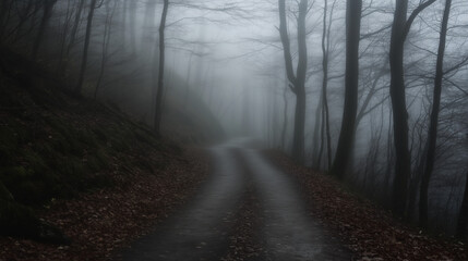 Naklejka premium Foggy Forest Pathway in Autumn with Bare Trees and Damp Leaves