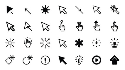 Set of 30 outline icons related to click, cursor, and mouse.