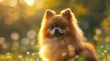 Portrait of a Pomeranian, have hair fur, against a blurred forest background.

