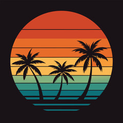 Golden Sunset Behind Silhouette Palm Trees or coconut trees on the Beach for t-shirt design  