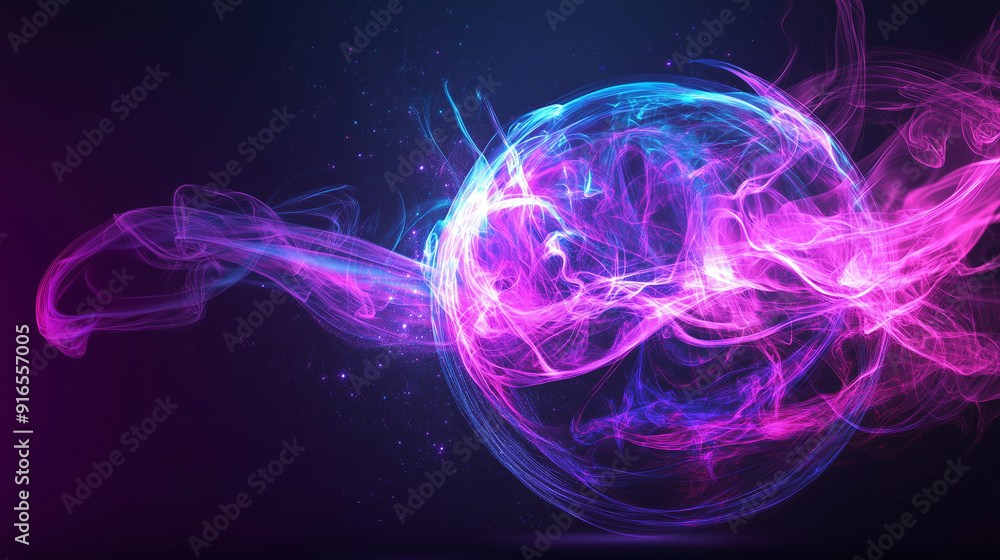 Poster glowing pink and blue smoke forming a vibrant spherical shape against a dark purple background, with