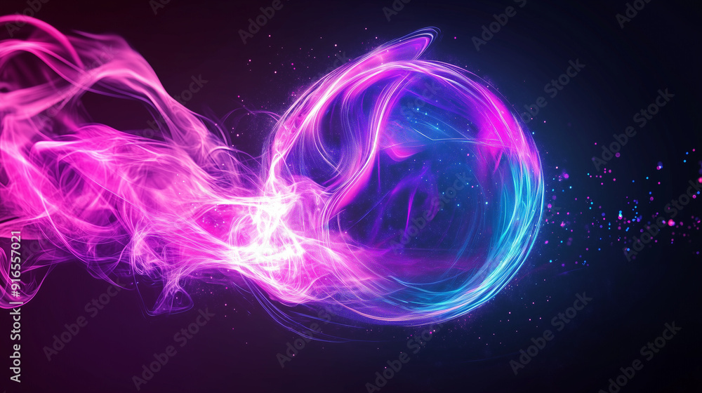Poster Glowing pink and blue smoke forming a vibrant spherical shape against a dark purple background, with swirling light effects and energy flow, creating a captivating abstract visual in deep space.