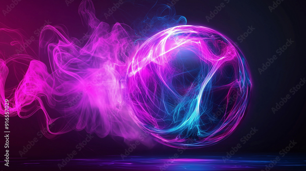 Poster glowing pink and blue smoke forming a vibrant spherical shape against a dark purple background, with