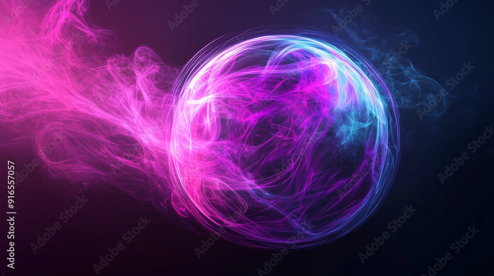 Poster Glowing pink and blue smoke forming a vibrant spherical shape against a dark purple background, with swirling light effects and energy flow, creating a captivating abstract visual in deep space.