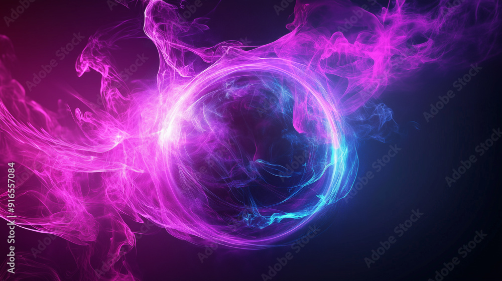 Poster Glowing pink and blue smoke forming a vibrant spherical shape against a dark purple background, with swirling light effects and energy flow, creating a captivating abstract visual in deep space.