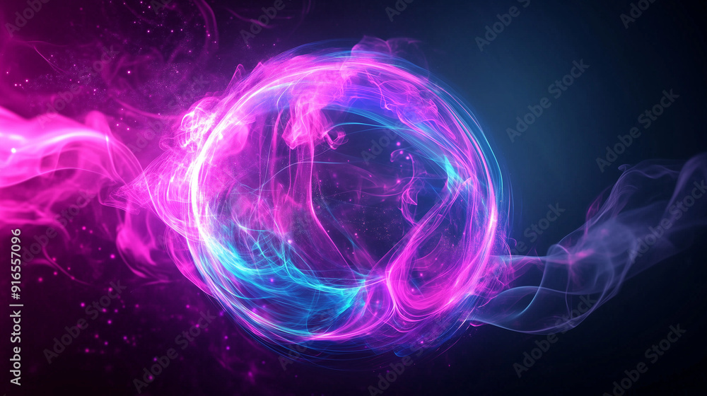 Poster glowing pink and blue smoke forming a vibrant spherical shape against a dark purple background, with