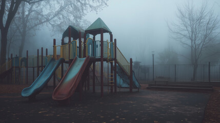 Empty Playground Shrouded in Fog on an Overcast Day, Eerie Atmosphere