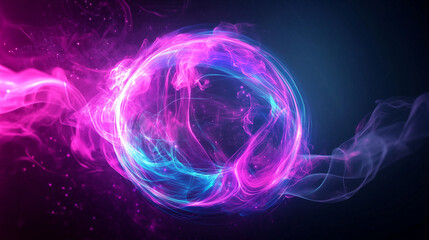 Glowing pink and blue smoke forming a vibrant spherical shape against a dark purple background, with swirling light effects and energy flow, creating a captivating abstract visual in deep space.