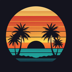Golden Sunset Behind Silhouette Palm Trees or coconut trees on the Beach for t-shirt design  
