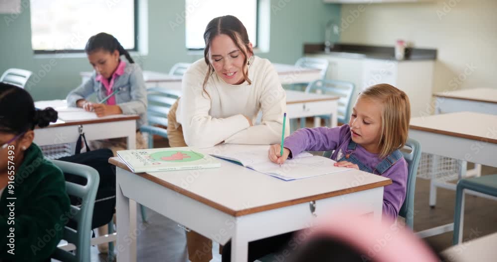 Poster teacher, woman and help kid for writing, studying and education in notebook at classroom. child, edu