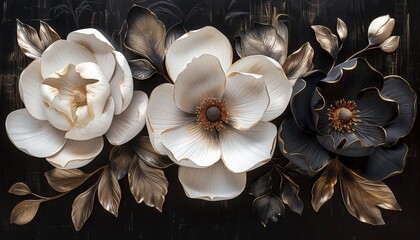 A stylish floral wallpaper design with a black background, showcasing a bunch of leaves and flowers with ample copy space