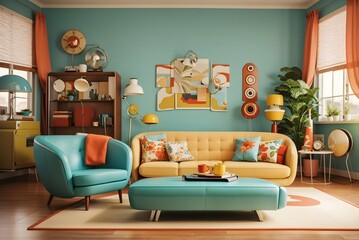Interior room illustration vintage retro style sketch cartoon background drawing