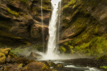 Kvernufoss waterfall in Iceland, located near Skogafoss, in a hidden gorge