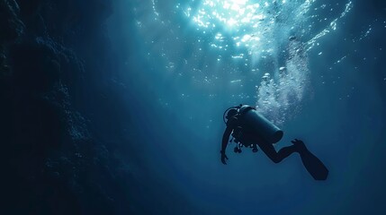 Scuba diving safety stop is done in the deep blue sea
