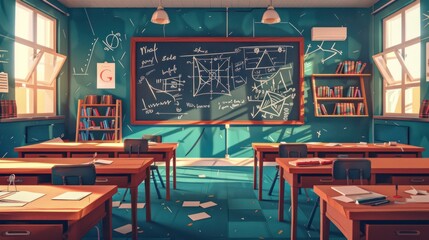 Empty Classroom with Chalkboard and Desks