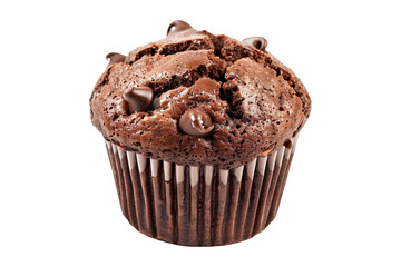A freshly baked and fluffy chocolate muffin or cupcake isolated on white transparent background, beautifully topped with delightful sweet choco flakes