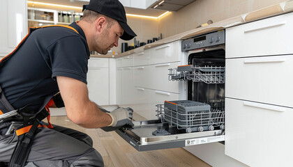 A man wearing a baseball cap is fixing a dishwasher on the hardwood floor in the kitchen