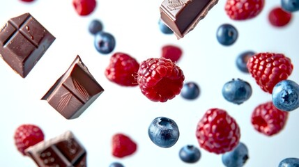 Fresh berries and chocolate chunks floating in the air. Bright photo captures the essence of delicious treats. Perfect for food blogs and culinary content. Use for marketing or advertisements. AI