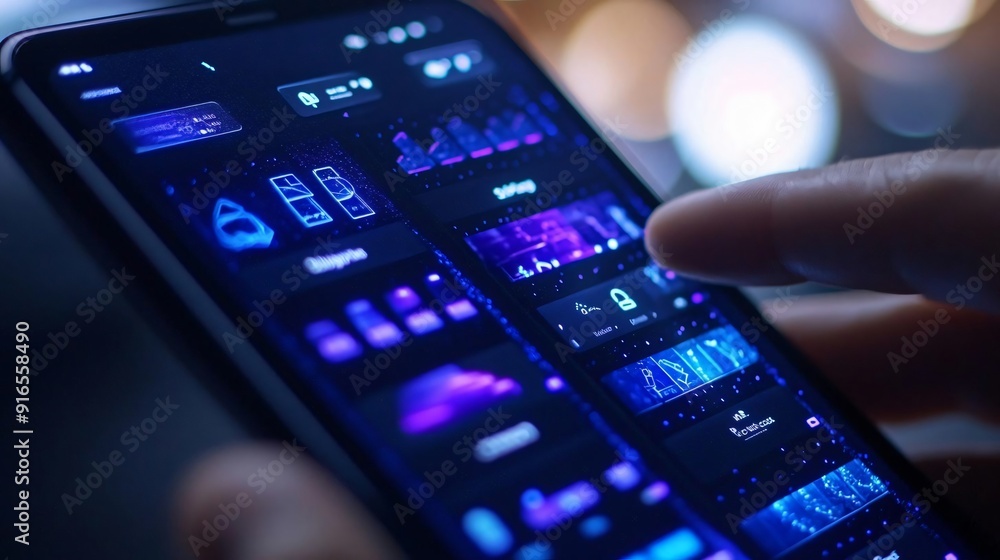 Poster close-up of a user interacting with a vibrant smartphone interface showcasing digital designs and ap