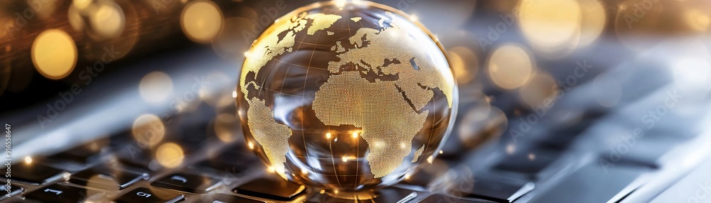 Poster a shining globe rests on a keyboard, symbolizing global connectivity and technology in a digital age
