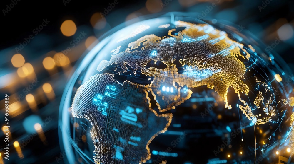 Poster a high-tech globe illustration showcasing a digital world map with vibrant connections and glowing e