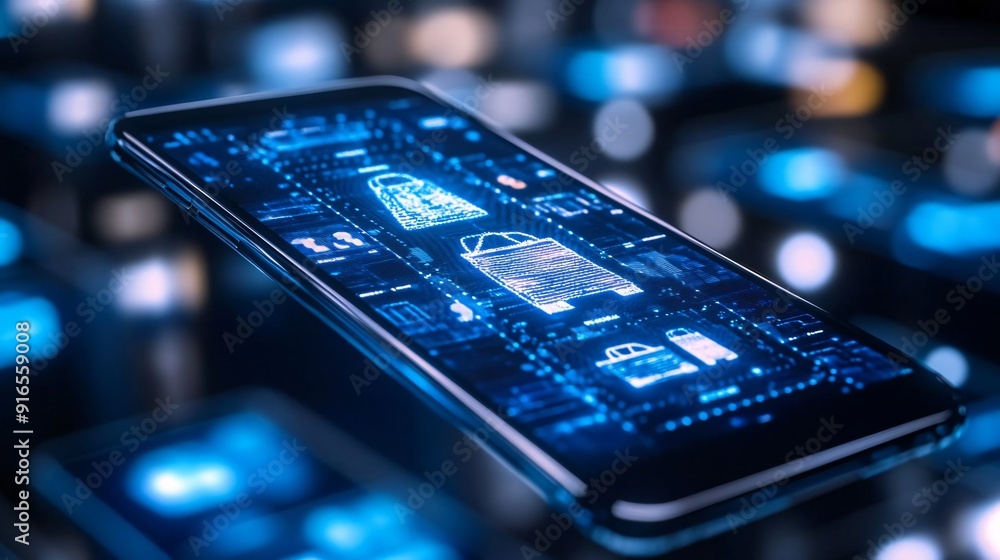 Poster futuristic smartphone with a glowing interface on a blurred background. high-tech concept for digita
