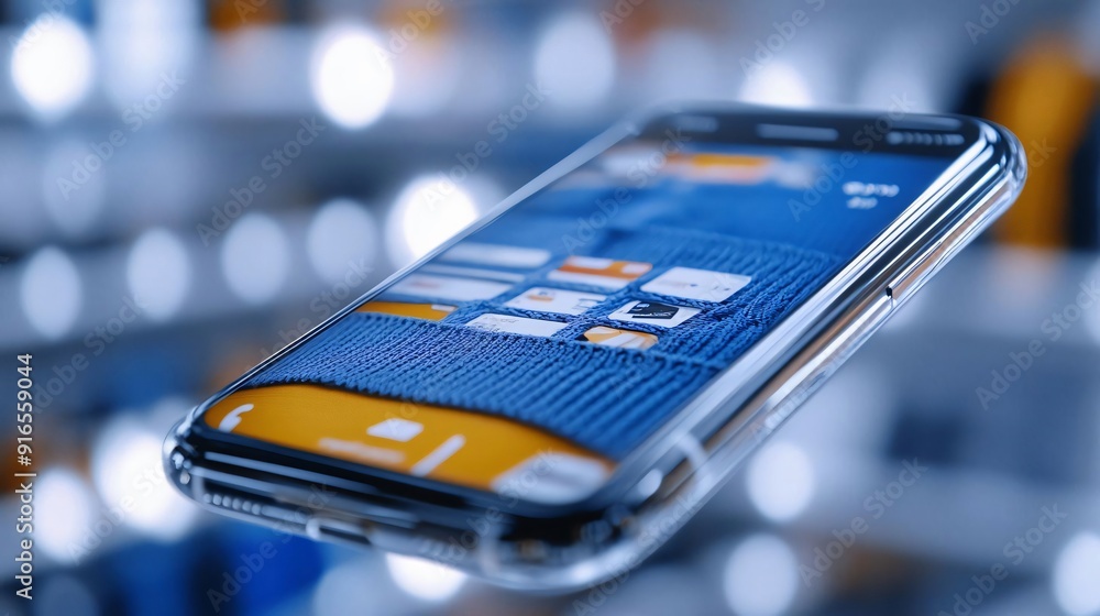 Poster close-up of a smartphone with a vibrant app interface, showcasing modern technology and digital comm