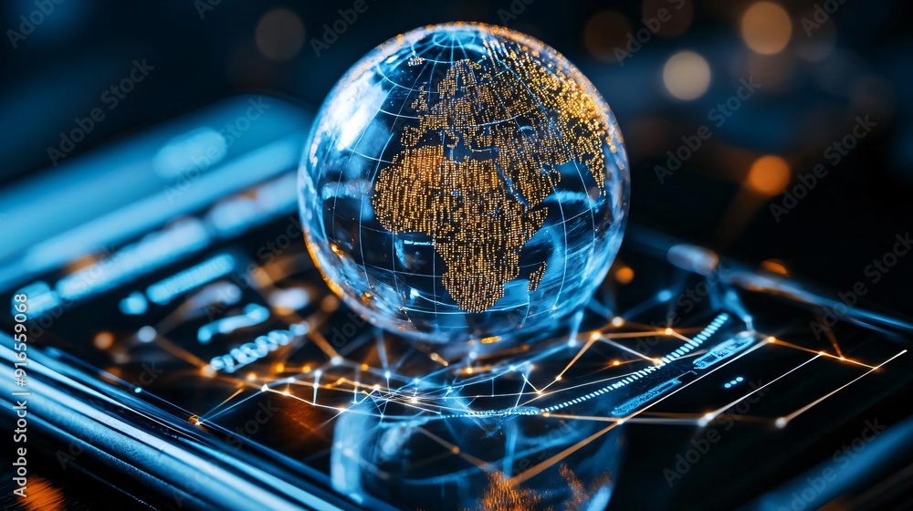 Poster a futuristic smartphone displaying a glowing globe, symbolizing digital connectivity and global comm