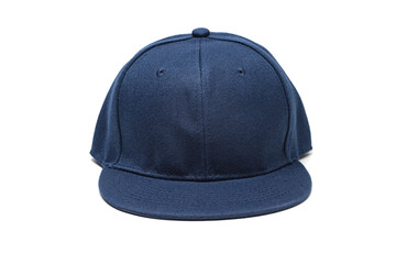 front view of plain, empty, blank snapback cap. Navy blue coloured hat. isolated in white background.