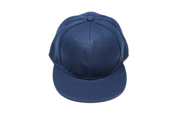 front angle view of plain, empty, blank snapback cap. Navy blue coloured hat. isolated in white background.