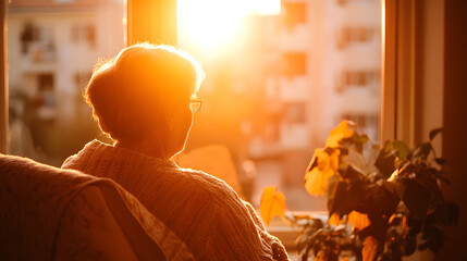 Fototapeta premium Hospice Patient in Serene Room Gazing at Sunset, A Moment of Tranquility and Reflection in End-of-Life Care