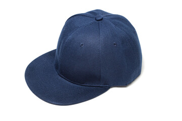 side angle view of plain, empty, blank snapback cap. Navy blue coloured hat. isolated in white background.