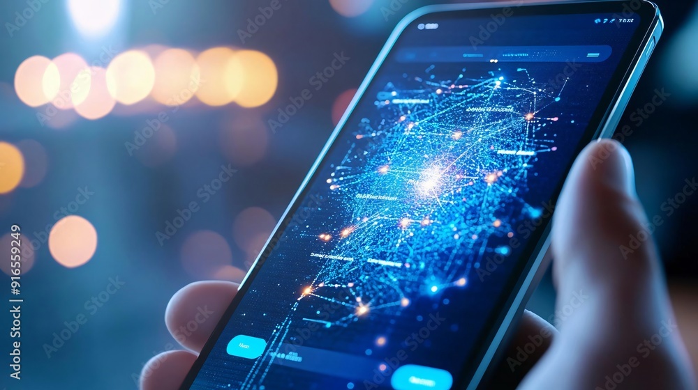 Poster close-up view of a smartphone displaying a futuristic digital interface with vibrant connections and
