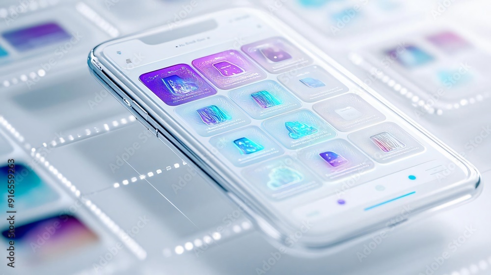 Poster modern smartphone with vibrant app icons displayed on a sleek background, illustrating advanced tech