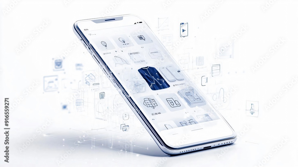 Poster modern smartphone with an interactive app interface, showcasing digital connections and innovative t