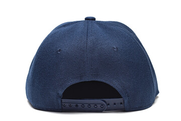 rear view of plain, empty, blank snapback or baseball cap. Navy blue coloured hat. showing it's...