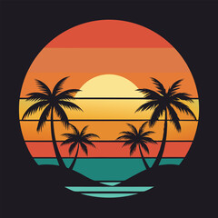 Golden Sunset Behind Silhouette Palm Trees or coconut trees on the Beach for t-shirt design  