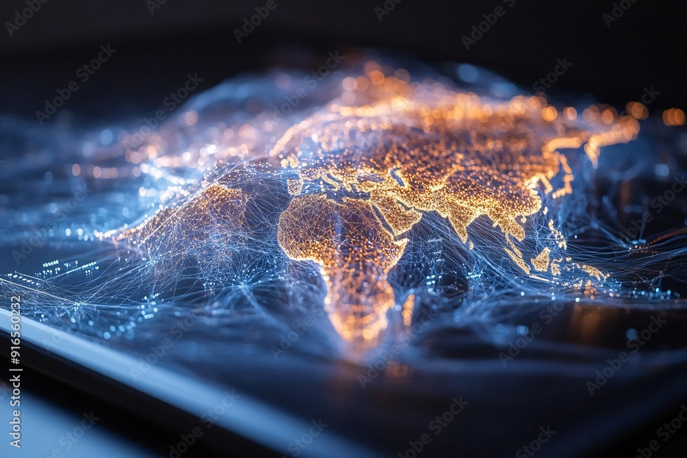 Poster a stunning 3d representation of the world map glowing with vibrant lights and intricate data points 