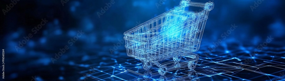Poster futuristic shopping cart design representing digital shopping and e-commerce in a technological envi