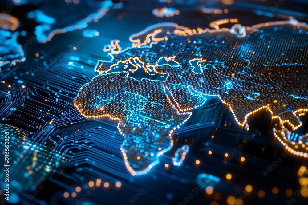 Poster a vibrant digital map of the world showcasing connectivity through glowing lines and circuits, empha