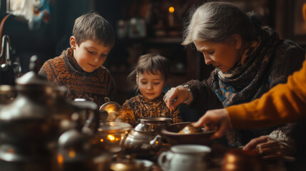 Russian Family Enjoying a Traditional Samovar Tea Ceremony