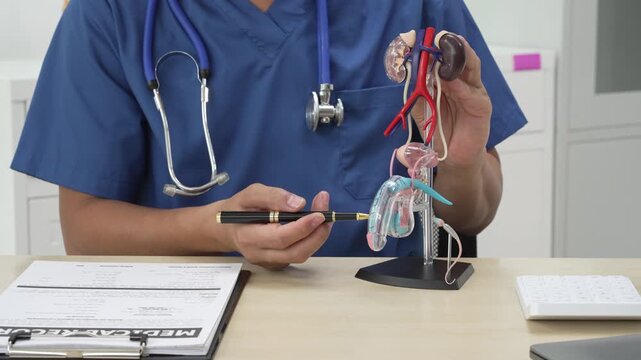 A male doctor sits and works at the table, explaining the urinary system and penile health to anxious patients. Consultations cover sexual matters, sterilization, and other related concerns.