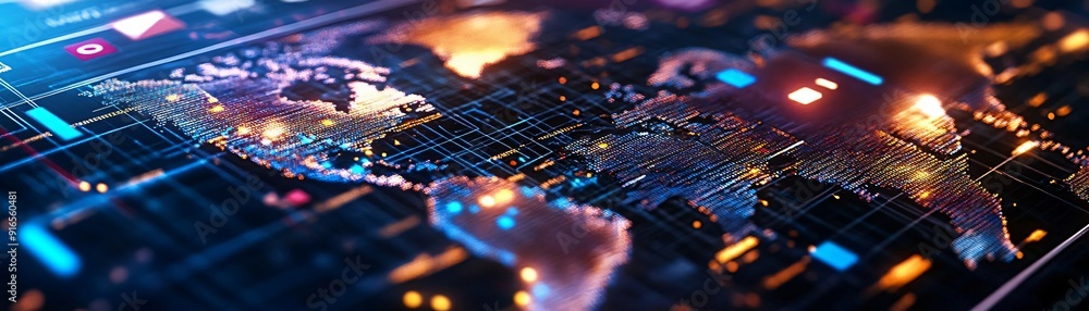 Aufkleber a modern digital world map featuring vibrant data visualizations and glowing lines, representing glo