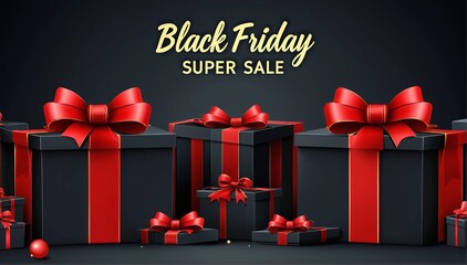 Black Friday super sale download. Realistic black gift boxes. Cutout with gift box with red bow. Gold text lettering on dark background. Horizontal banner, poster, website header