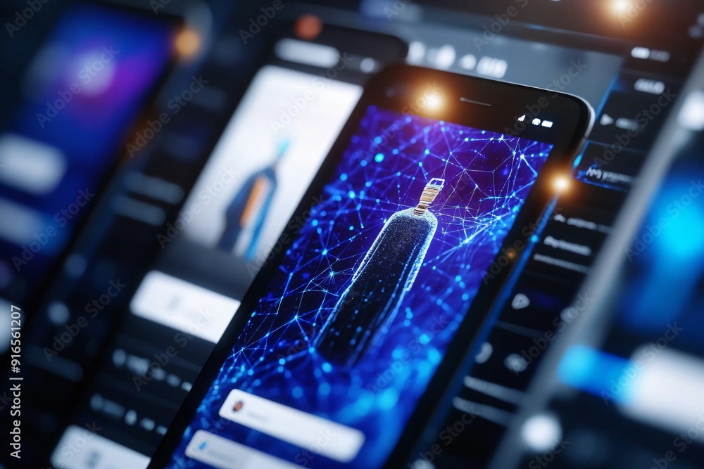 Poster modern smartphone displaying digital product with a network background, symbolizing technology and i