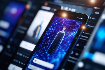 Obraz premium Modern smartphone displaying digital product with a network background, symbolizing technology and innovation in digital marketing.