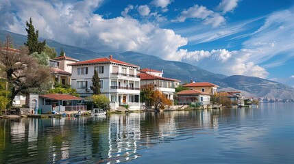 Obraz premium Lakefront Homes with Mountain Views