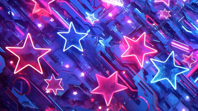 Glowing neon stars on a dark background with a circuit board pattern. Abstract futuristic technology concept with digital and electronic elements. Red, blue and purple lights shine